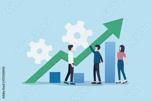 Teamwork and collaboration driving business growth and success with upward trending graph and gears