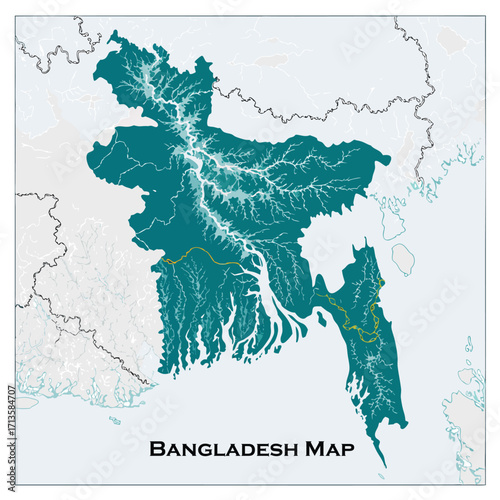 A minimalist, two-dimensional, vector map of Bangladesh, with clear borders and major rivers, in a clean, modern style.