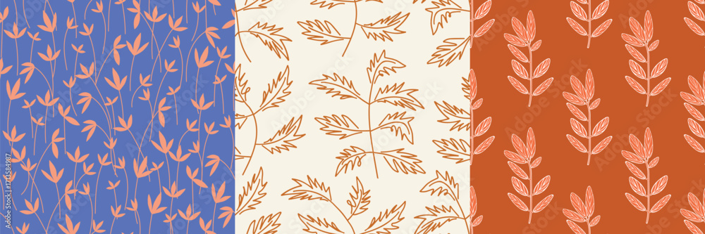 custom made wallpaper toronto digitalSet of three Seamless Botanical Leaf Patterns in Contrasting Colors