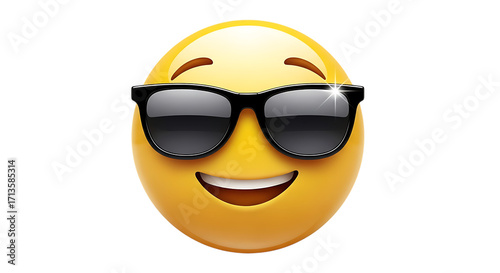 A bright yellow smiley face emoji wearing cool black sunglasses and a wide happy smile against a black background