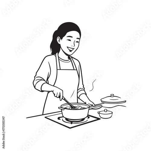 Black and White Vector Illustration of a Smiling Woman Cooking in Kitchen with Apron and Headband