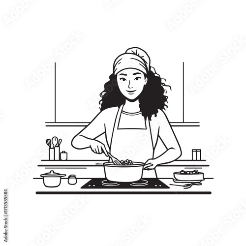 Black and White Vector Illustration of a Smiling Woman Cooking in Kitchen with Apron and Headband