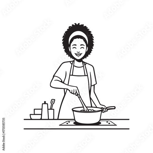 Black and White Vector Illustration of a Smiling Woman Cooking in Kitchen with Apron and Headband