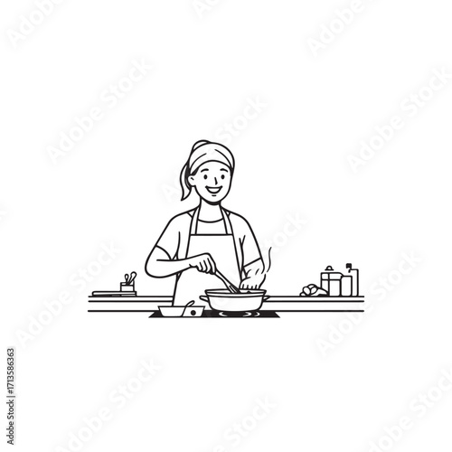 Black and White Vector Illustration of a Smiling Woman Cooking in Kitchen with Apron and Headband