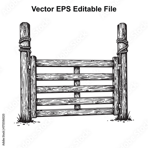 Vector art of rustic wooden gate with rope accents