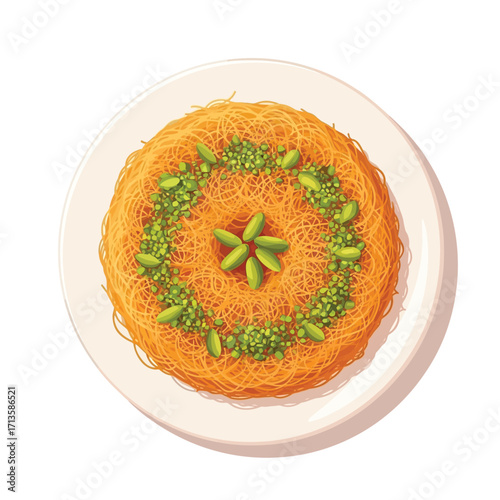 A delicious Middle Eastern dessert made from shredded phyllo dough, sugar, nuts, and pistachios, served on a white plate