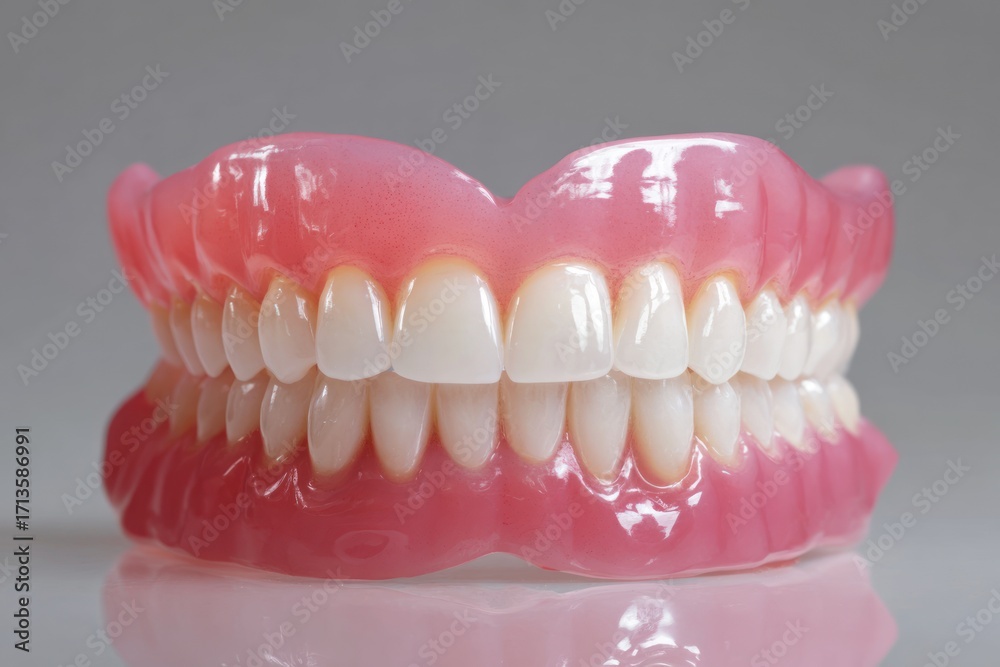 Fototapeta premium A set of dentures features bright white teeth set in a pink gum base, reflecting faintly on a glossy surface against a gray background