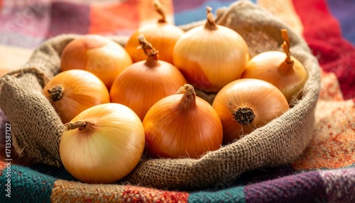 Fresh onions in burlap