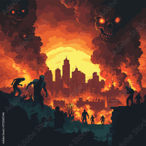 A horde of zombies attacking a lone survivor on a rooftop, with the city burning in the distance. , vector style simple color