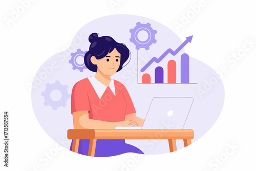 Woman working on laptop with upward trending graph and gears symbolizing growth and productivity