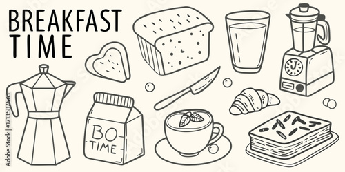 Hand drawn doodle illustration of breakfast time food and drinks with coffee pot and blender