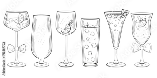 Collection of hand drawn cocktail glasses with garnishes and ice cubes