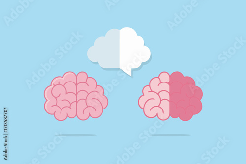 Two pink brains communicating through a split speech bubble on a light blue background