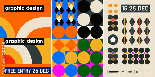 Modern graphic design posters with abstract geometric shapes and bold colors for events and promotions
