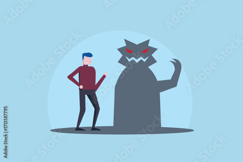 Man confronting his inner demon or dark shadow self with a menacing monster silhouette behind him