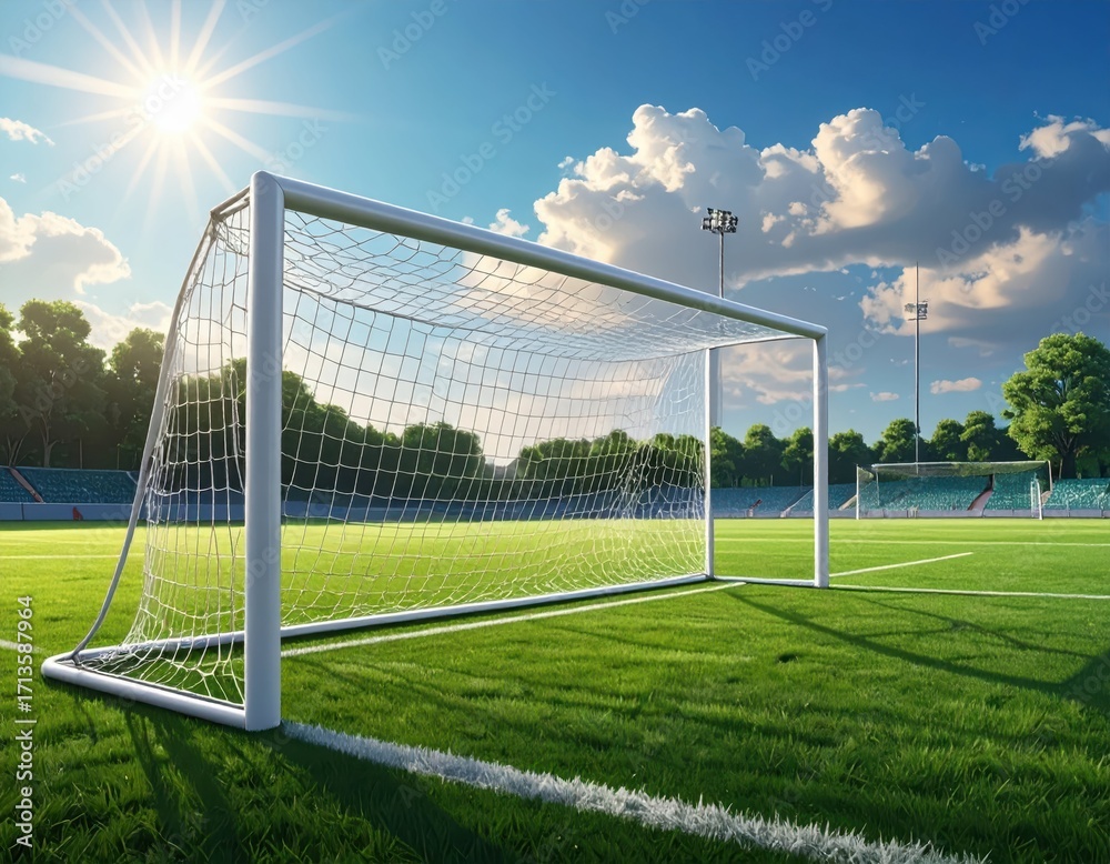 Fototapeta premium Lush Green Soccer Field with Goal Under Bright Blue Sky