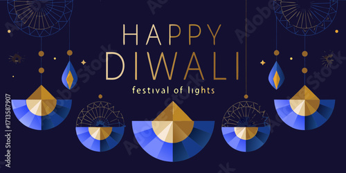 Happy diwali festival of lights greeting card with geometric decorations and lanterns
