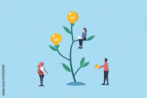 Teamwork and collaboration nurturing ideas and innovation on a growing plant with lightbulbs