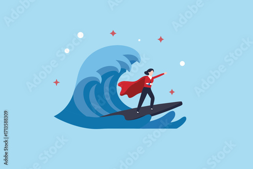 Businesswoman with red cape surfing a giant wave representing overcoming challenges and achieving success
