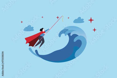 Superhero woman with red cape fishing for stars on a giant ocean wave