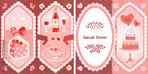 Romantic special dinner celebration with cake wine and dessert decorated with hearts and flowers