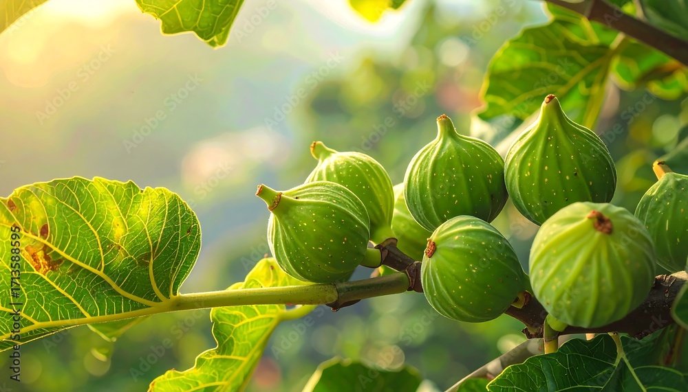 Obraz premium Fresh figs on a branch in morning light
