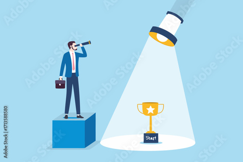 Businessman with spyglass looking towards a trophy under a spotlight symbolizing success and achievement