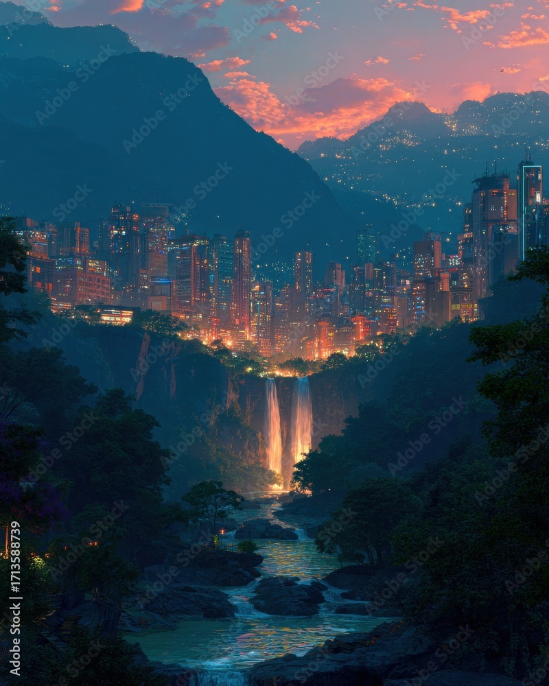 Fototapeta premium Night Cityscape and Waterfall at Sunset