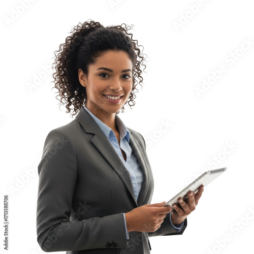Wallpaper Mural Smiling professional businesswoman in a grey suit holding a tablet device and looking directly at the viewer isolated on transparent background Torontodigital.ca