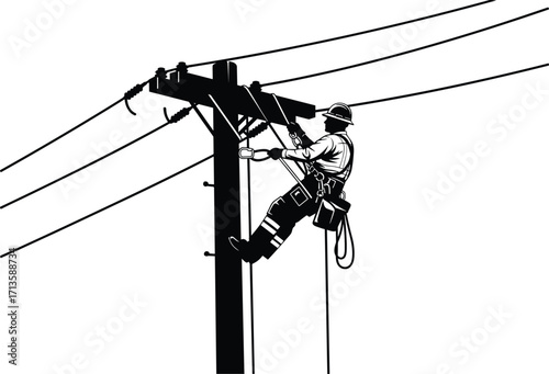 Silhouette of skilled lineman climbing wooden utility pole repairing electrical power lines with safety harness, electricity grid maintenance, energy distribution industry illustration