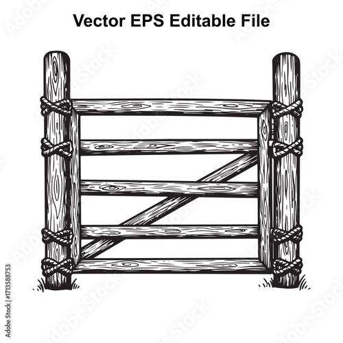 Vector art of rustic wooden farm gate with horizontal bars and diagonal brace