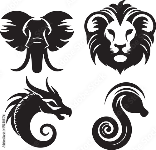 Black silhouette of a wild tribal lion head tattoo vector illustration design