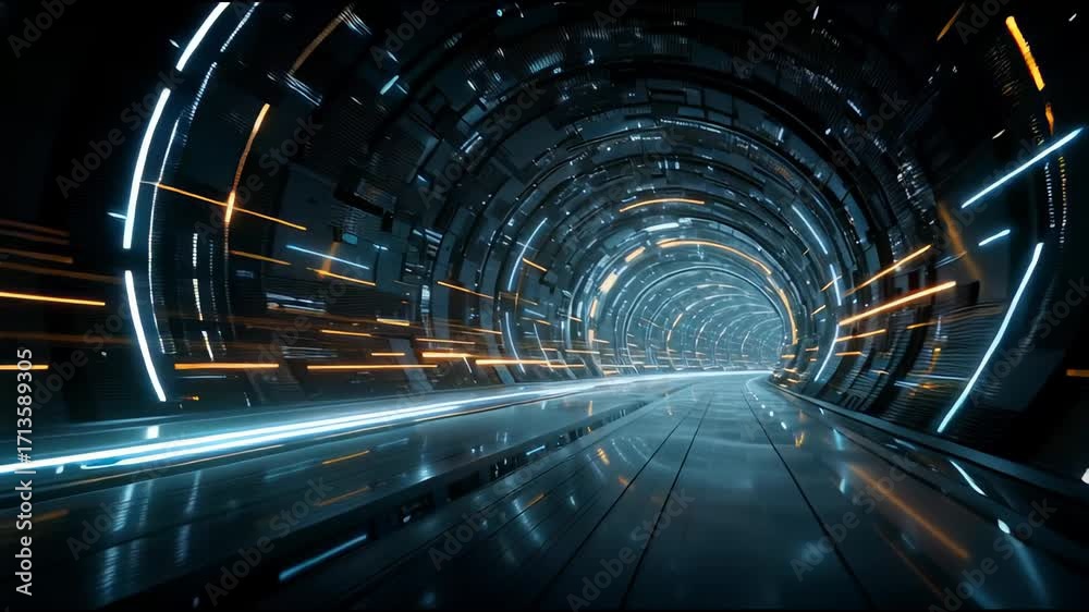 Futuristic glowing sci fi tunnel with neon lights and fast motion