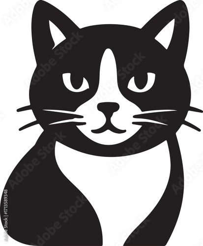 A simple black cat vector illustration showing a sitting domestic feline character with a long tail