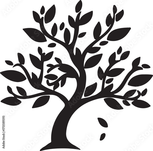 Vector illustration of a stylized olive tree with abstract leaves and branches, a design element symbolizing nature and life