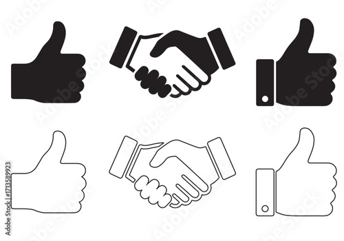 Set of vector hand and thumb up icons for like, approval, and social media symbols