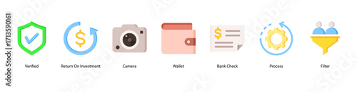 Financial Reporting web banner icon vector illustration featuring Verified, Return On Investment, Camera, Wallet, Bank Check, Process, and Filter for data accuracy and insight.