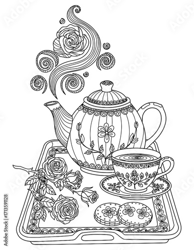 A teapot and teacup on a tray with cookies and steam, intricate design