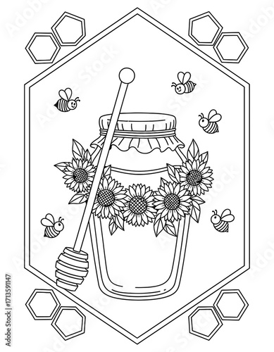 Illustration of a honey jar surrounded by bees and honeycombs in a hexagon frame