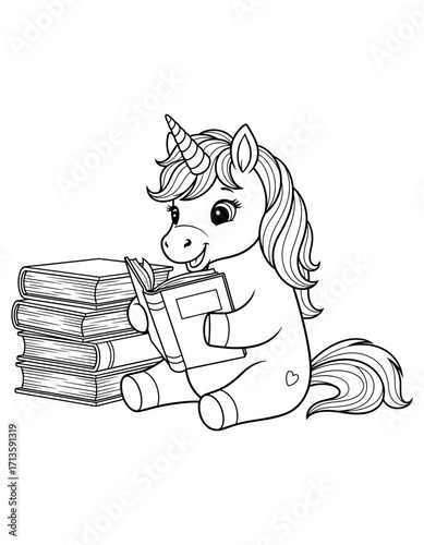 A cute unicorn reading a book, sitting next to a stack of books, an adorable scene