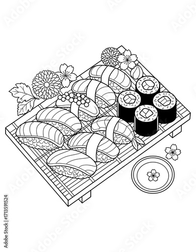 A delightful sushi platter, showcasing an assortment of nigiri, maki, and garnishes