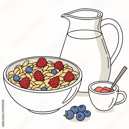 Fresh morning cereal bowl brimming with vibrant berries and a pitcher of milk, perfect for a healthy start.