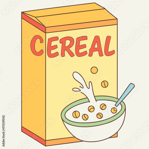 Bright yellow cereal box stands beside a fresh bowl of cereal with milk splashing, perfect for breakfast ads