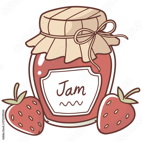 Sweet strawberry jam jar with ripe berries, perfect for homemade recipes and charming food packaging designs