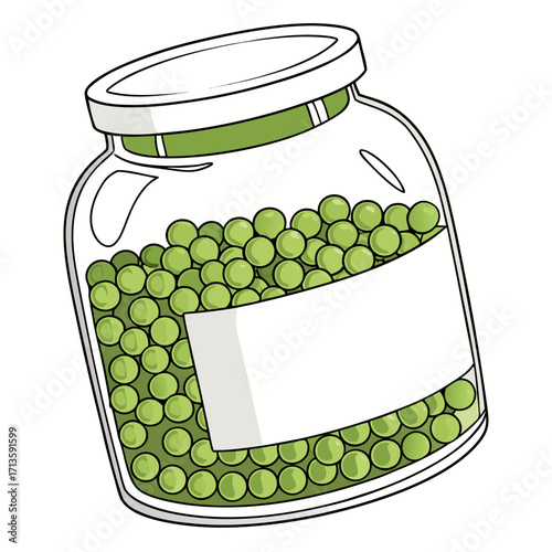 Fresh green peas perfectly preserved in a clear glass jar with a blank label ready for branding