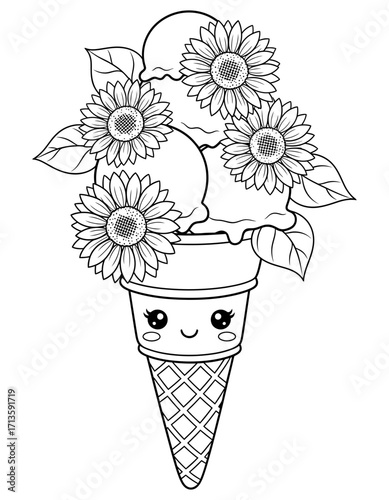 An ice cream cone with a cute face, adorned with sunflowers and leaves, a delightful treat