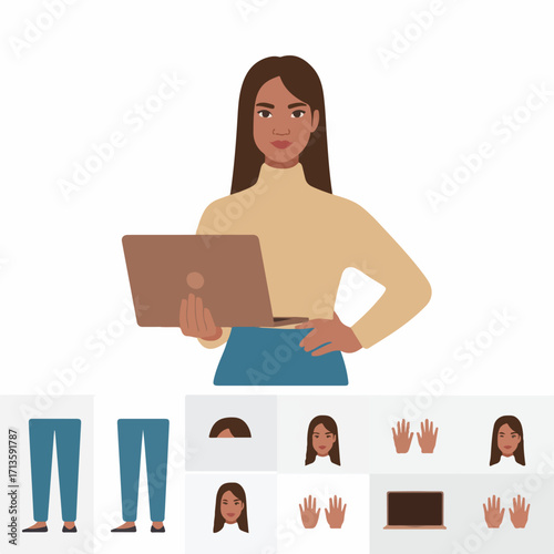 "Modular Professional Woman Character Design Sheet with Laptop"