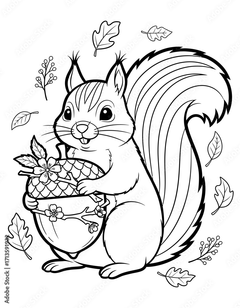 Obraz premium Squirrel holding acorn, a charming coloring page for nature lovers and creative minds
