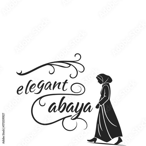 Stylish abaya design featuring elegant script and a silhouette of a woman in traditional islamic clothing for fashion and cultural themes