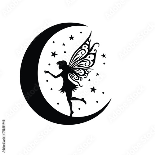 Black silhouette of a fairy on a crescent moon with stars